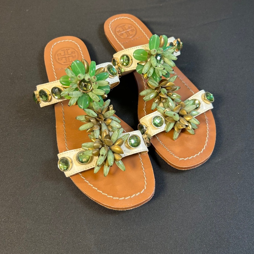 Tory Burch white patent leather green floral gemstone embellished slide sandals